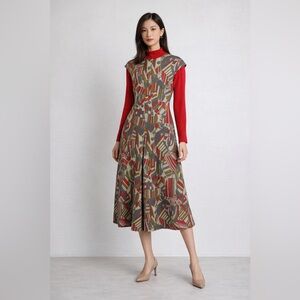 Vintage 60s 70s Red Geometric Print Long Sleeve Zip Back Retro Midi Dress